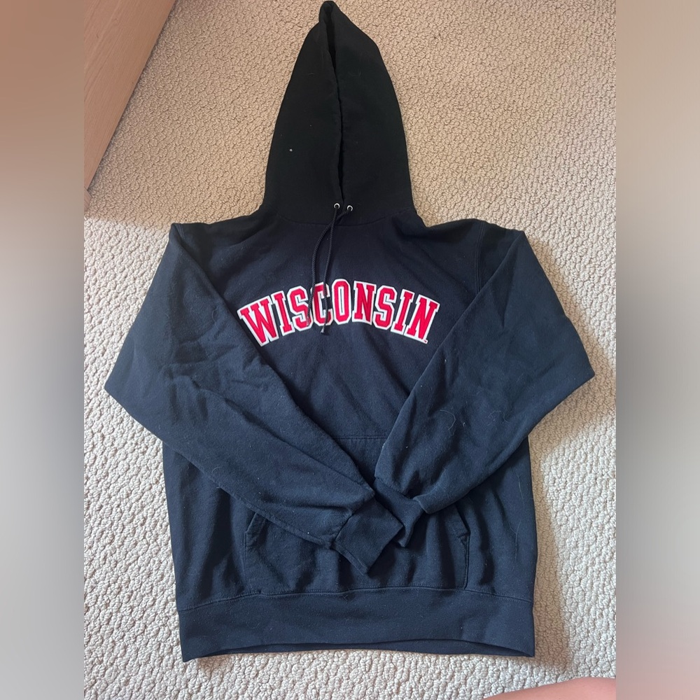 Champion UW-Madison Hoodie, black iron-on letters